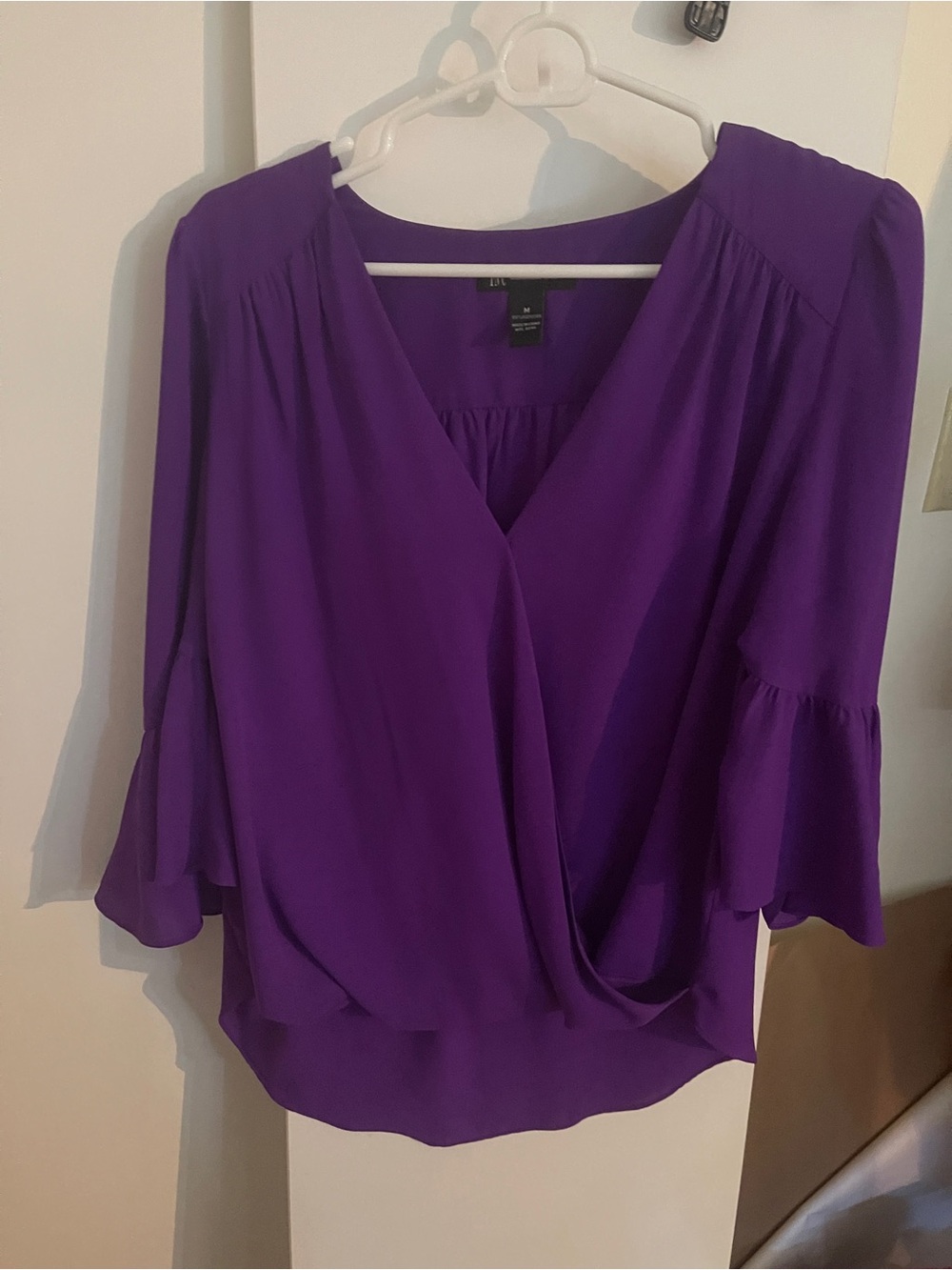 INC International Concepts Purple Surplice Blouse with Tiered Bell Sleeves